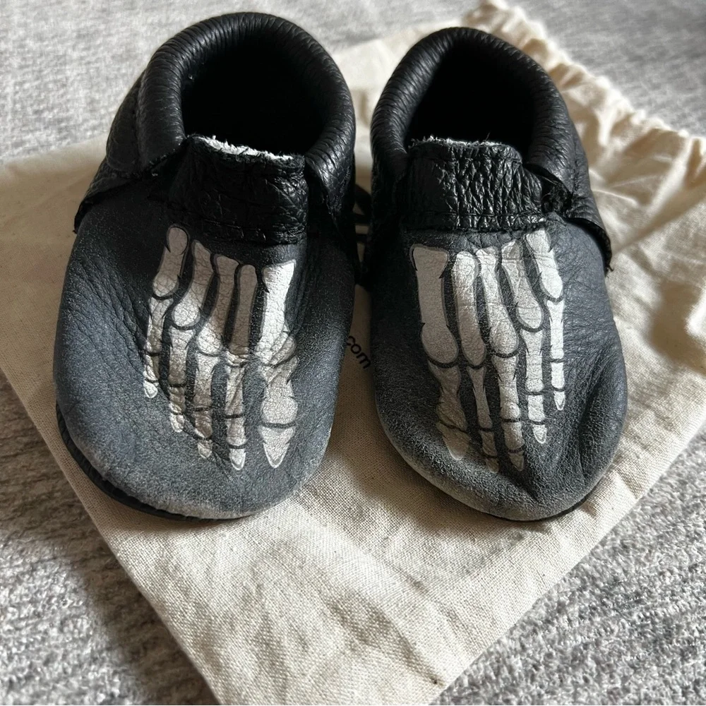 Freshly Picked Black Skeleton Kids Moccasins Shoes Size 3